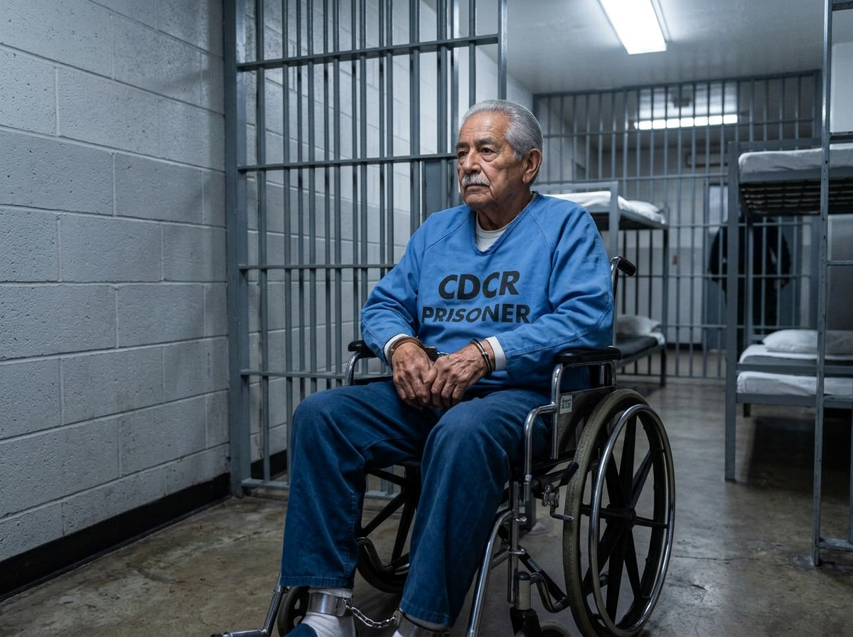 An elderly man in a CDCR prison jumpsuit, handcuffed and shackled, seated in a wheelchair inside a cell block