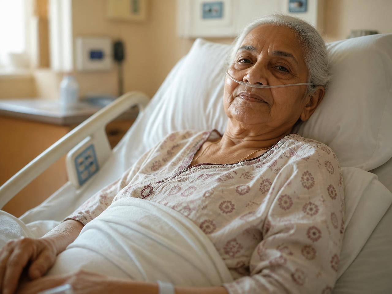 An elderly woman resting in a hospital bed with a nasal oxygen tube