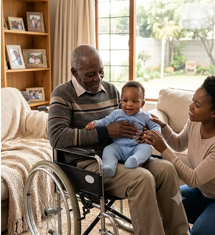 The same elderly man at home in a wheelchair on a porch, smiling and holding his infant grandson while a woman sits beside him