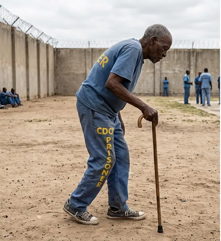 An elderly man in a CDCR prison uniform, hunched over and walking slowly with a cane across the prison yard, razor wire fencing behind him