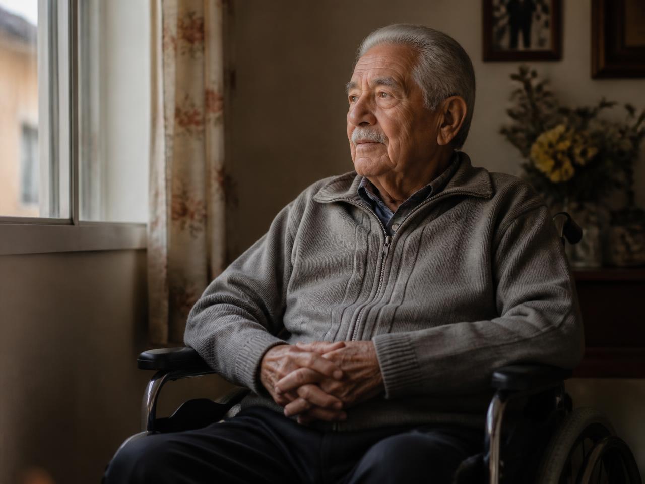 An elderly man in a wheelchair looking out a window in warm daylight